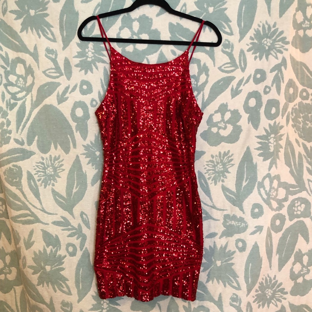 Filly Flair Bright Red Sequin Semi Formal Body Con Mini Dress